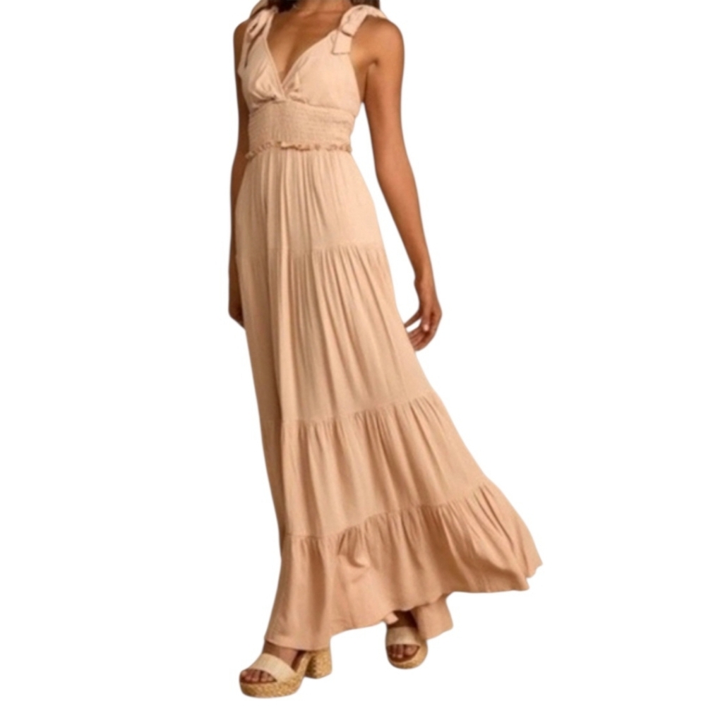 LULUS Our Perfect Day Beige Tie-Strap Tiered Maxi Dress Smocked Bodice